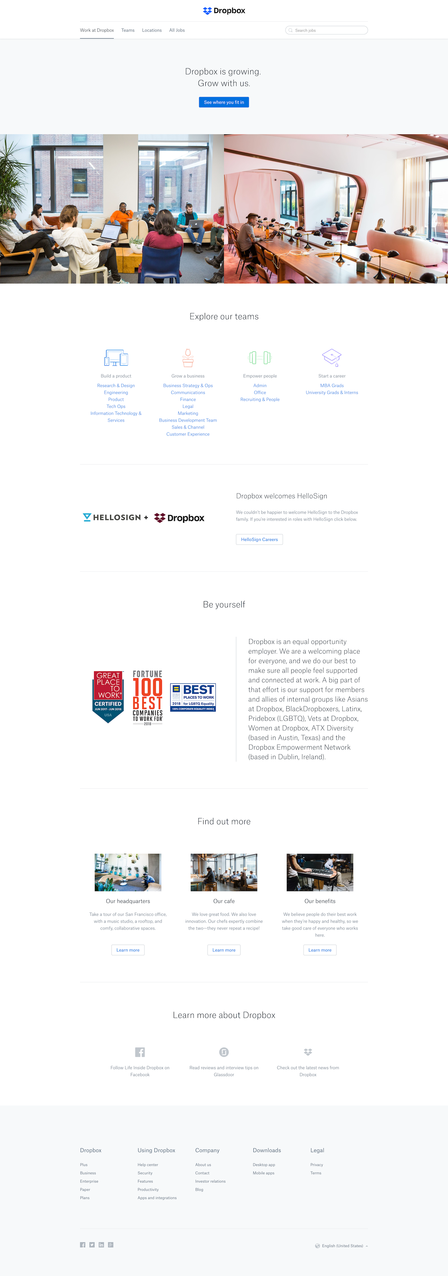 Screenshot of the Jobs page from the Dropbox website.
