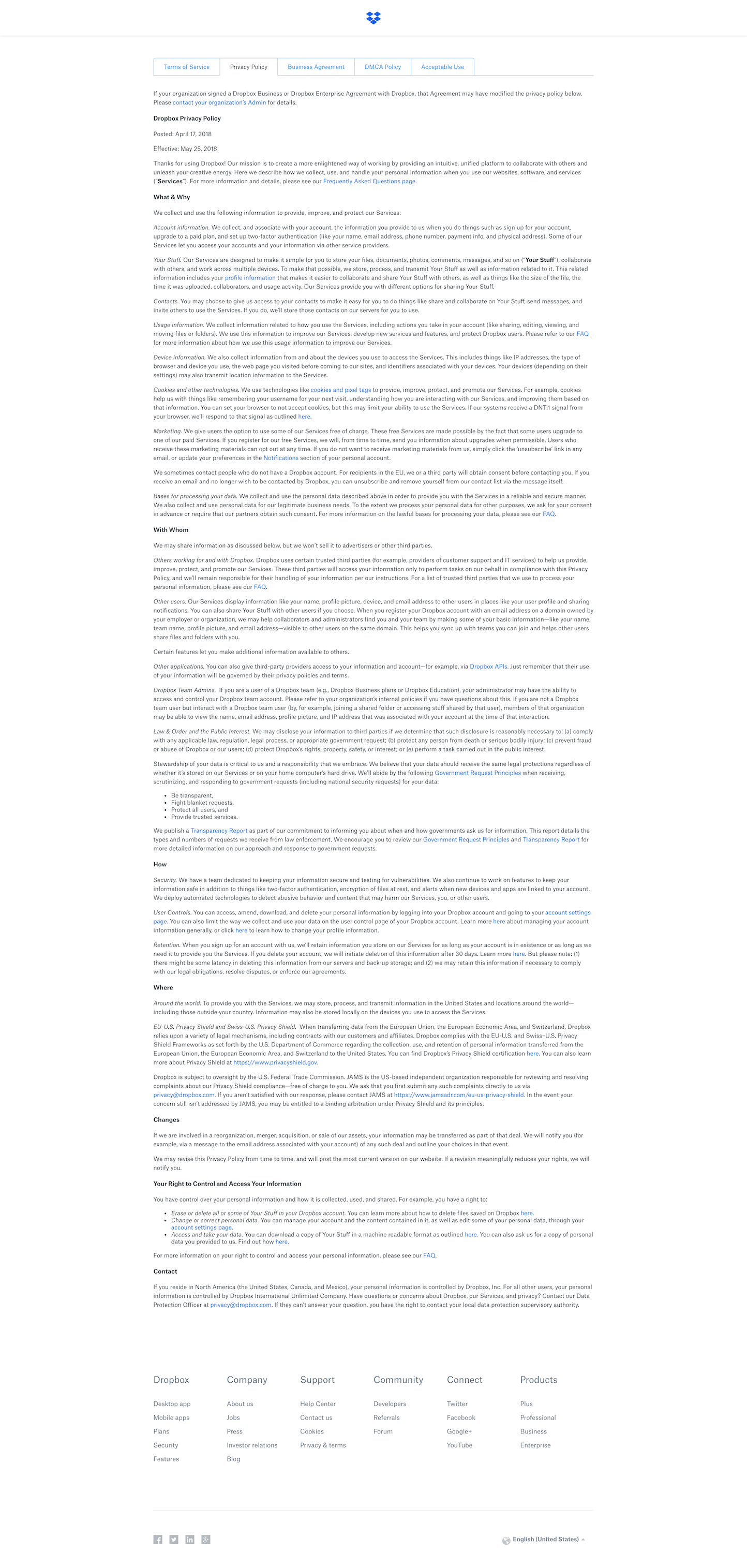 Screenshot of the Privacy Policy page from the Dropbox website.