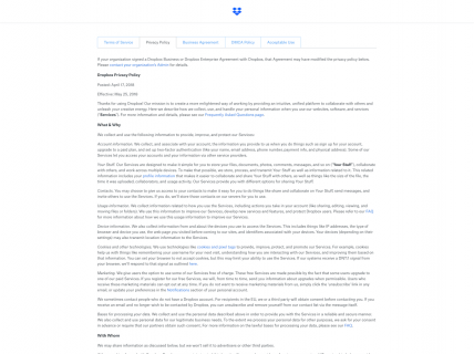 Screenshot of the Privacy Policy page from the Dropbox website.