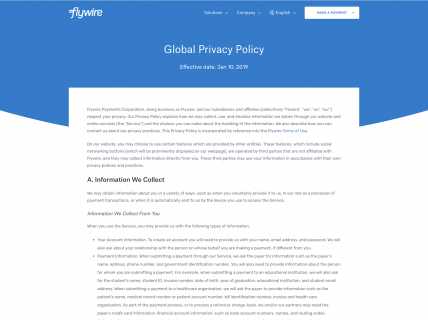 Screenshot of the Privacy page from the Flywire website.