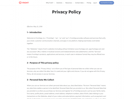Screenshot of the Privacy Policy page from the Front website.