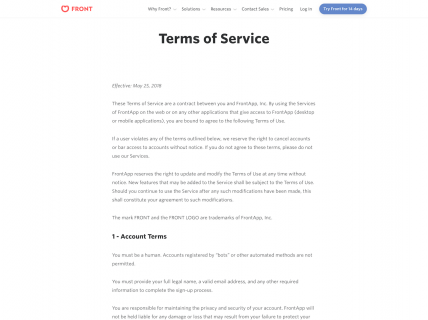 Screenshot of the Terms of Service page from the Front website.