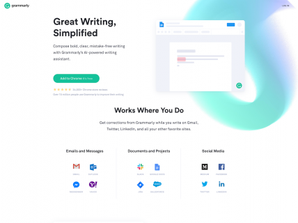 Screenshot of the Home page from the Grammarly website.