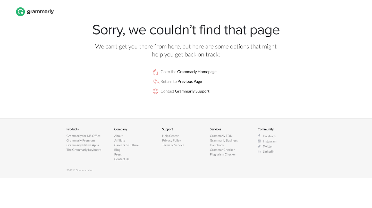 Screenshot of the 404 page from the Grammarly website.