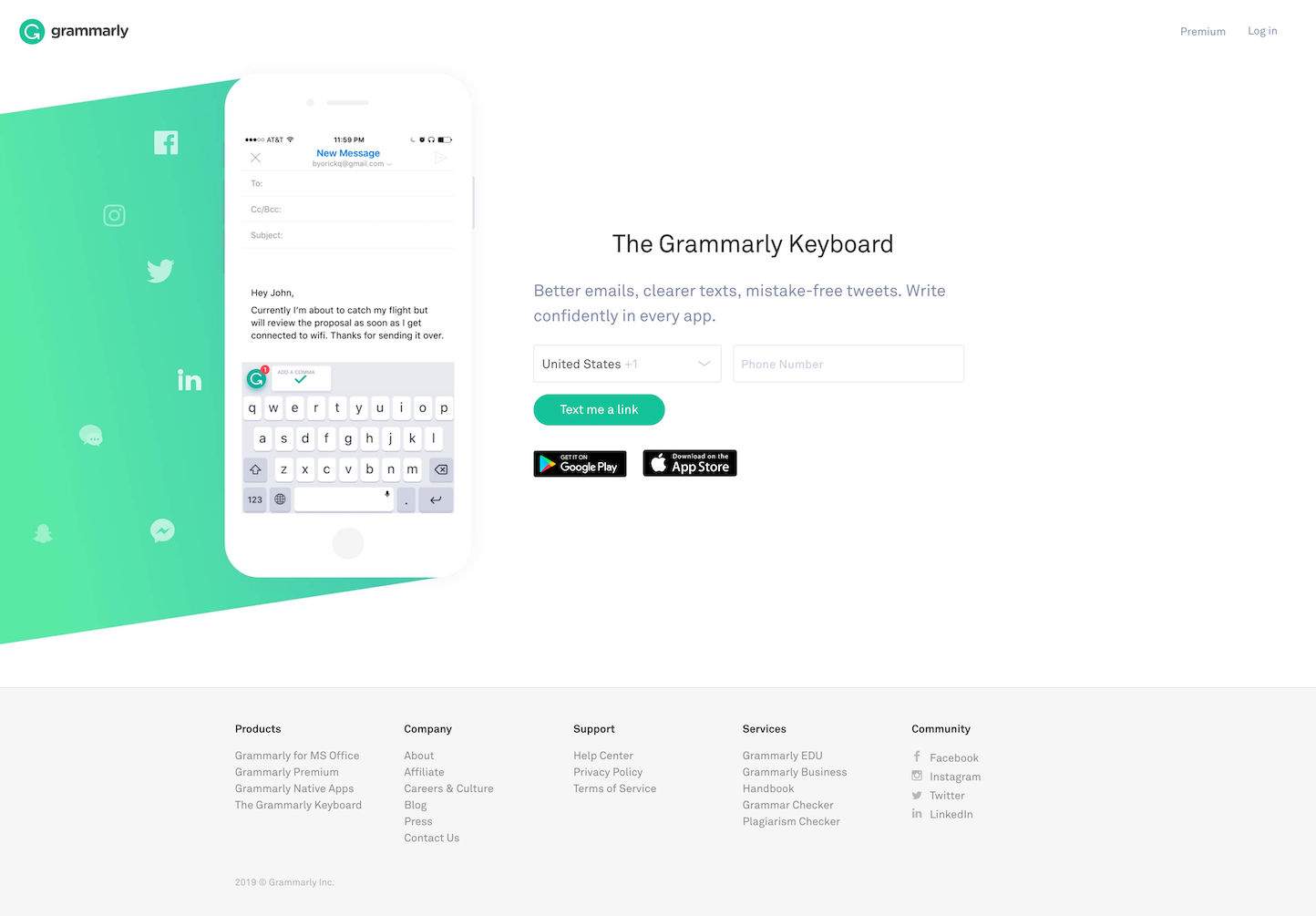 Screenshot of the Product - Keyboard page from the Grammarly website.