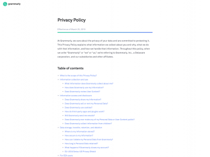 Screenshot of the Privacy Policy page from the Grammarly website.