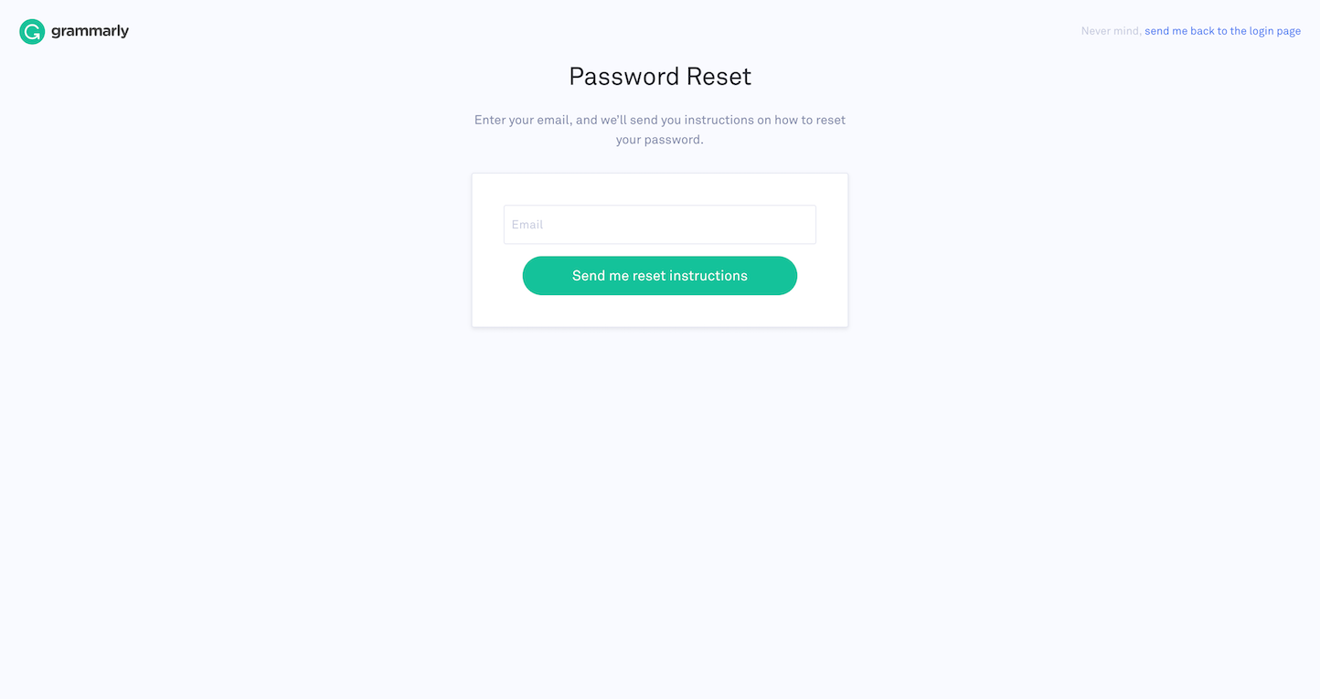 Screenshot of the Password Reset page from the Grammarly website.