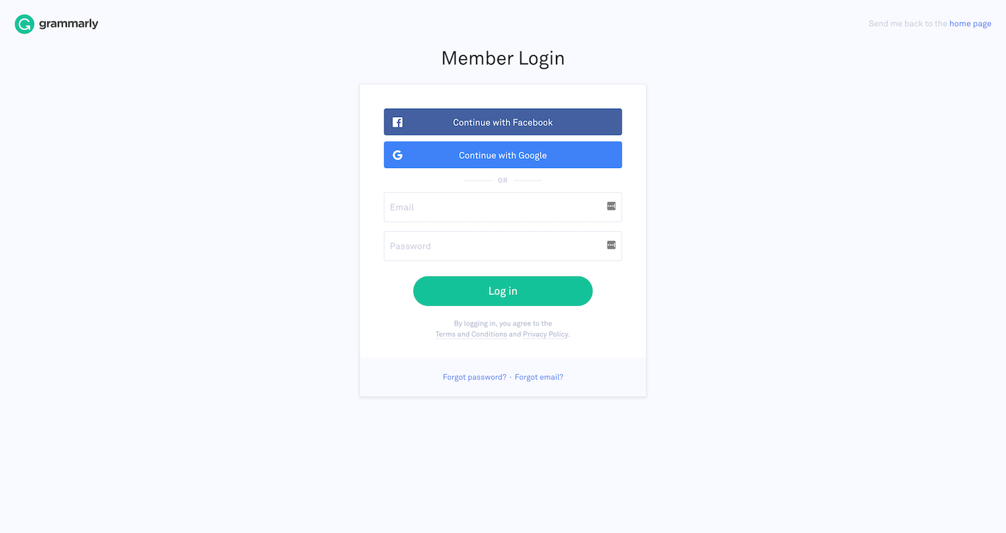 Screenshot of the Member Login page from the Grammarly website.