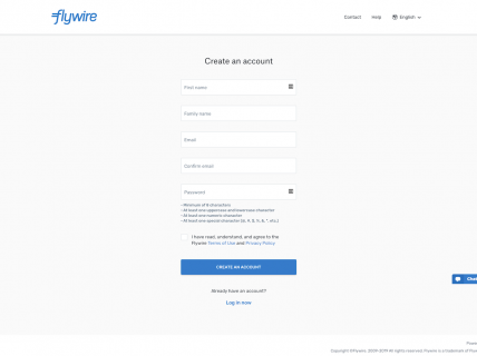 Screenshot of the Sign Up page from the Flywire website.