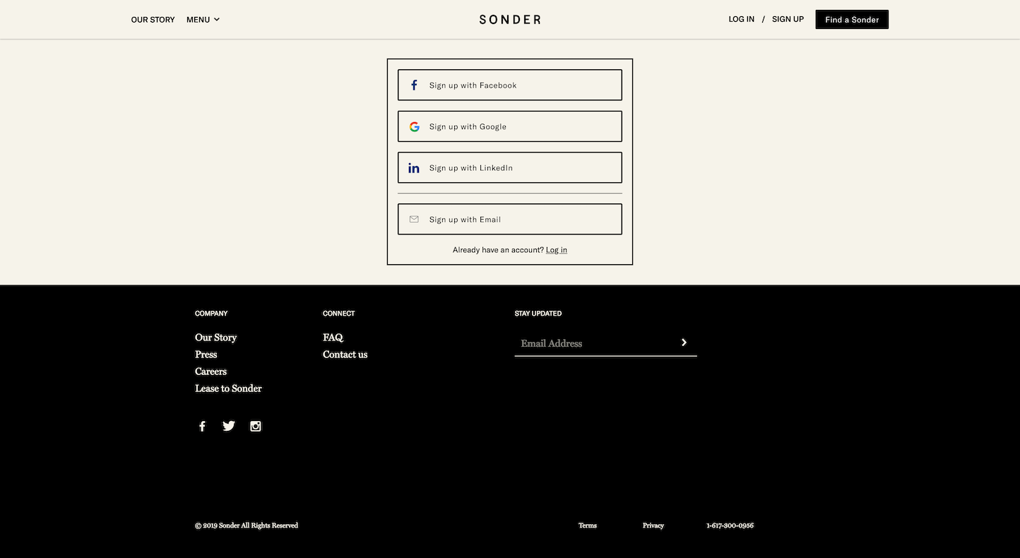 Screenshot of the Sign Up page from the Sonder website.