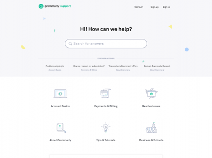 Screenshot of the Support page from the Grammarly website.