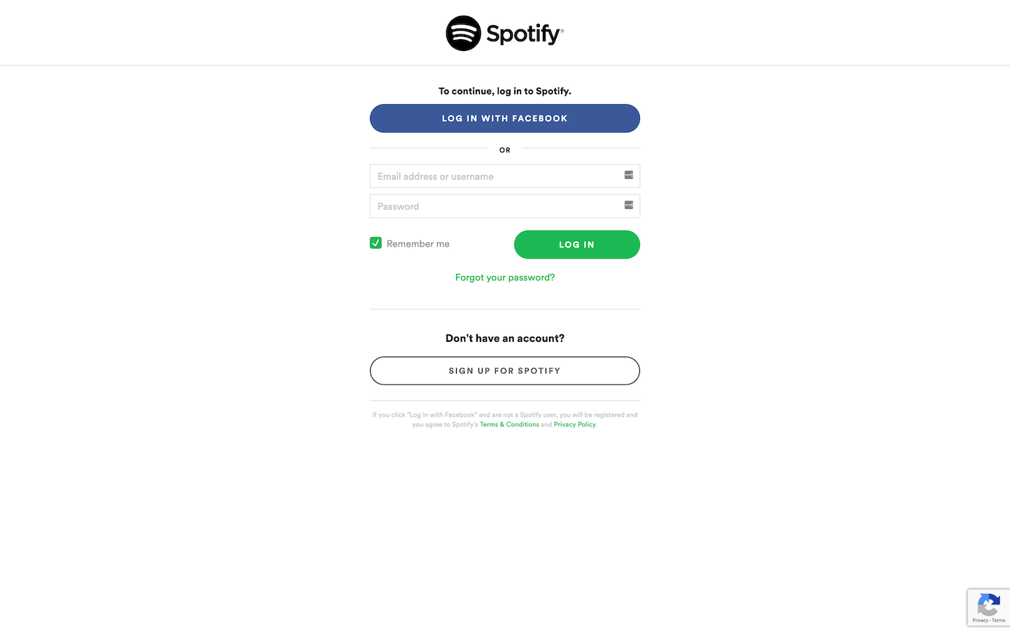 Screenshot of the Login page from the Spotify website.