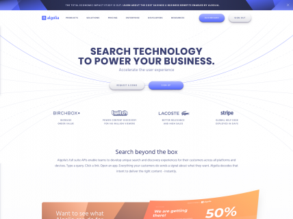 Screenshot of the Home page from the Algolia website.