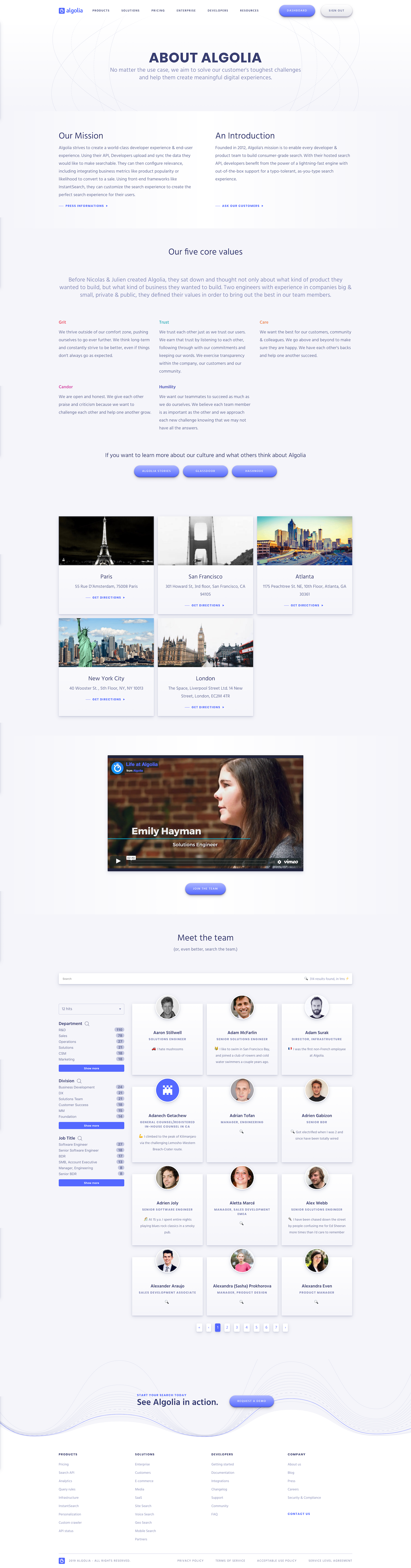 Screenshot of the About page from the Algolia website.