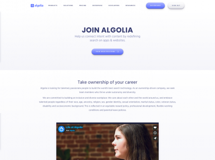 Screenshot of the Careers page from the Algolia website.