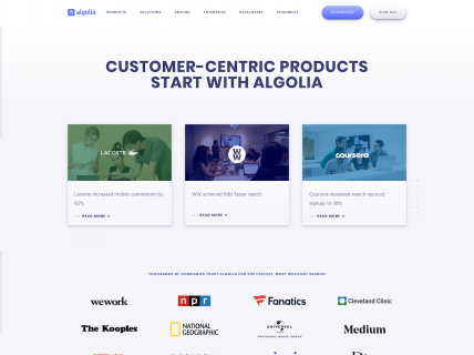 Screenshot of the Enterprise – Customers page from the Algolia website.