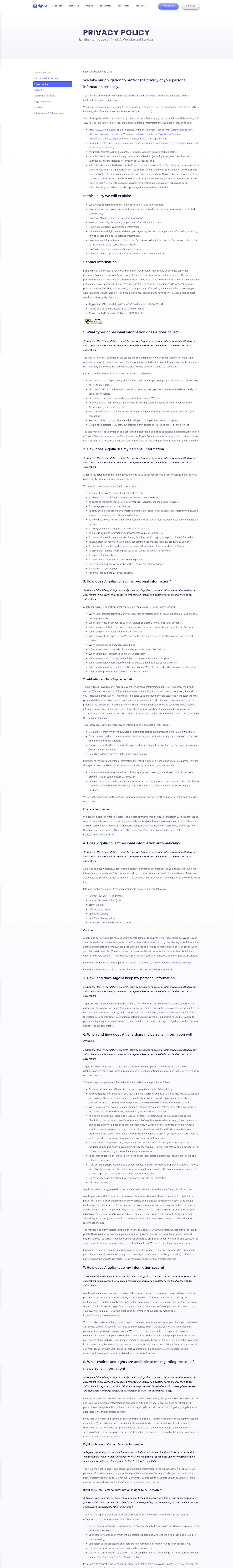 Screenshot of the Privacy Policy page from the Algolia website.