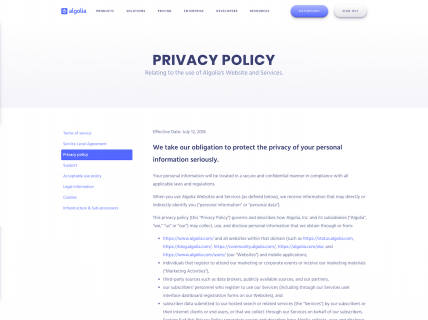Screenshot of the Privacy Policy page from the Algolia website.