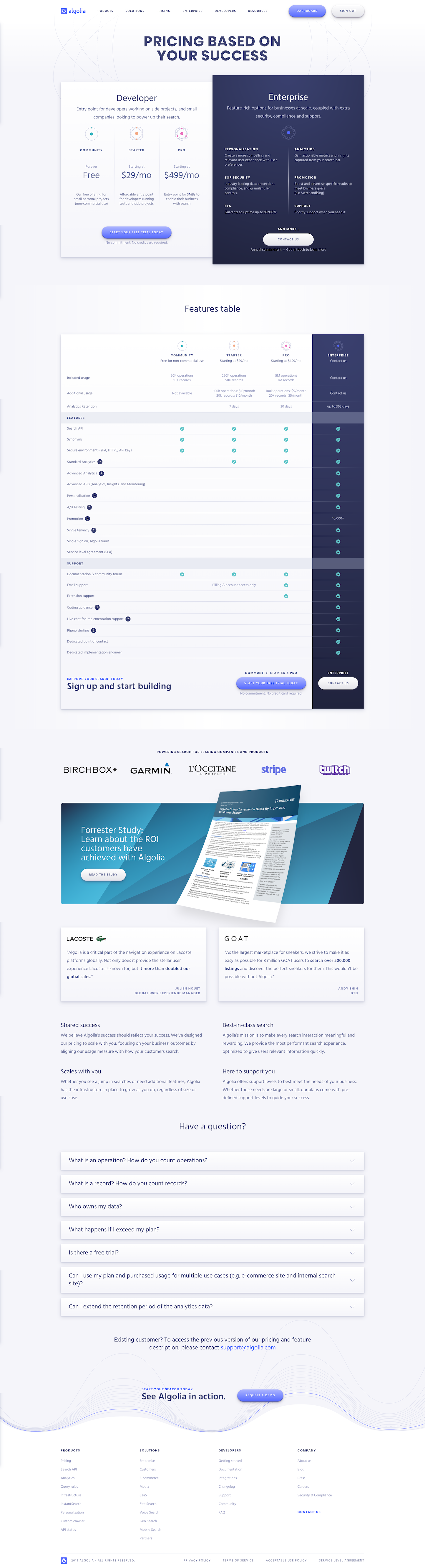 Screenshot of the Pricing page from the Algolia website.