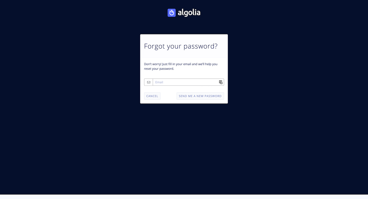 Screenshot of the Password Reset page from the Algolia website.