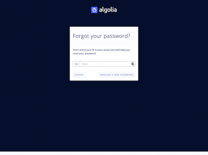 Screenshot of the Password Reset page from the Algolia website.
