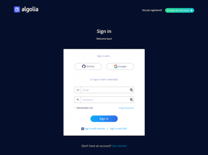 Screenshot of the Sign In page from the Algolia website.