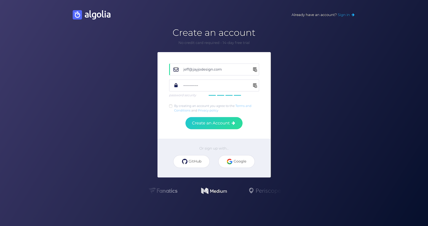 Screenshot of the Sign Up page from the Algolia website.