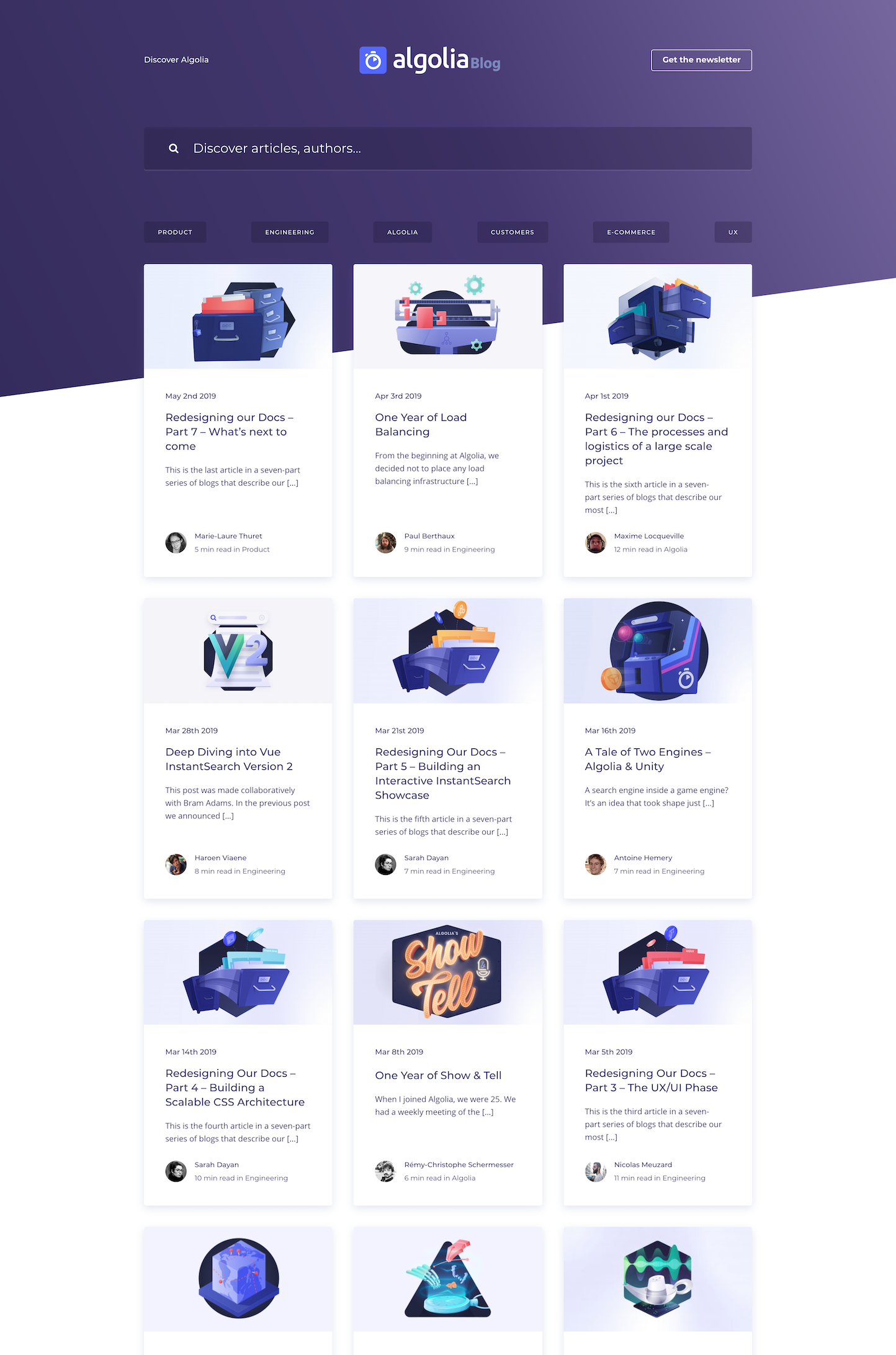Screenshot of the Blog - Main page from the Algolia website.