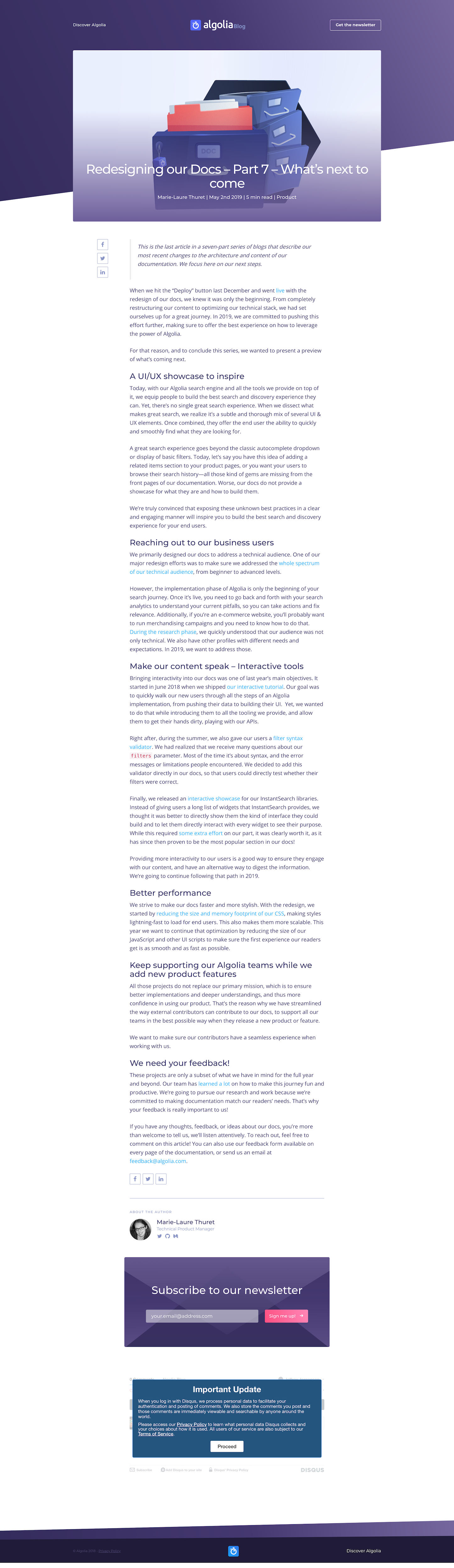 Screenshot of the Blog - Article page from the Algolia website.