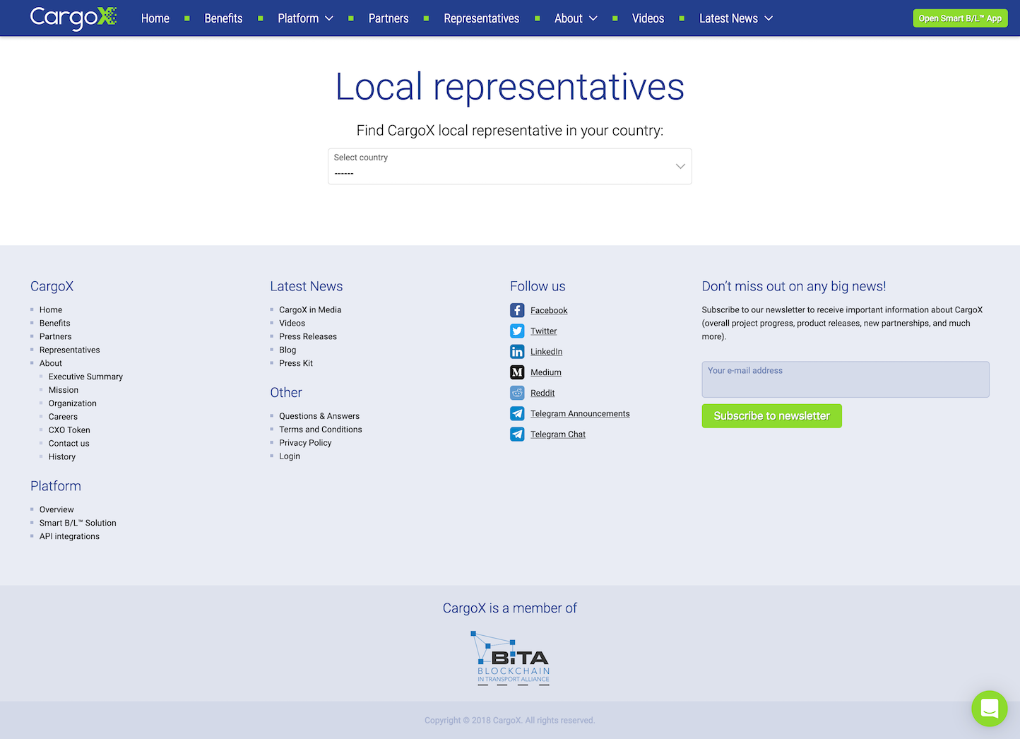 Screenshot of the Representatives page from the CargoX website.