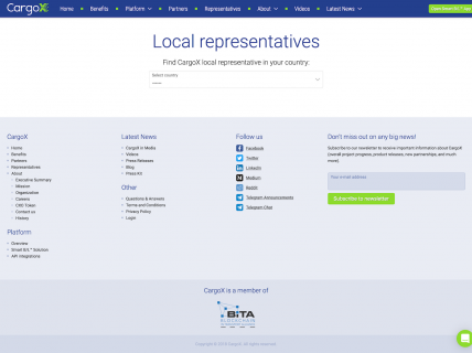 Screenshot of the Representatives page from the CargoX website.