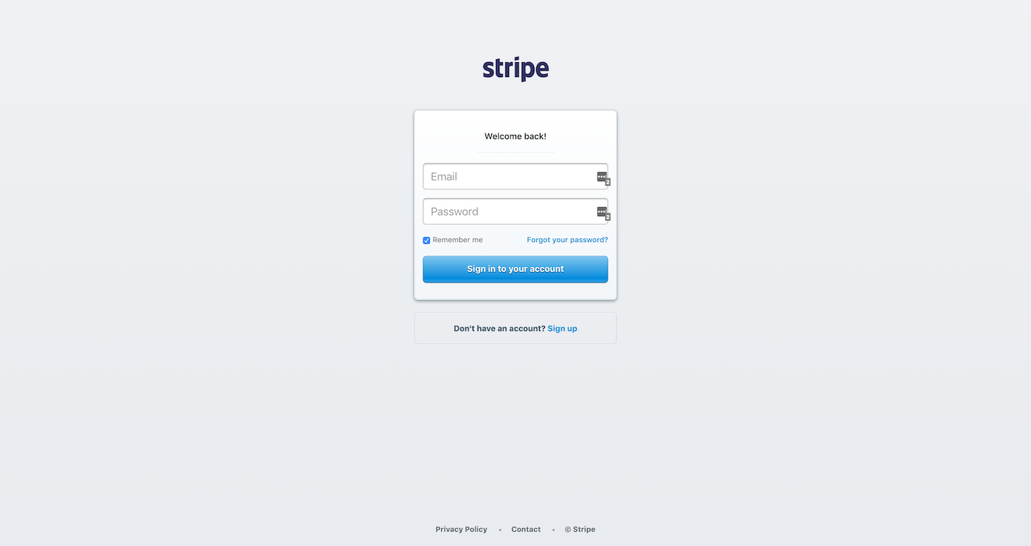 Screenshot of the Login page from the Stripe website.