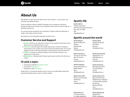 Screenshot of the About Us page from the Spotify website.