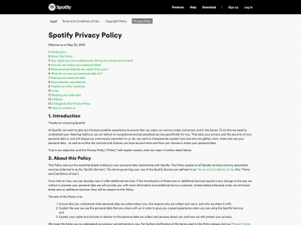 Screenshot of the Privacy Policy page from the Spotify website.