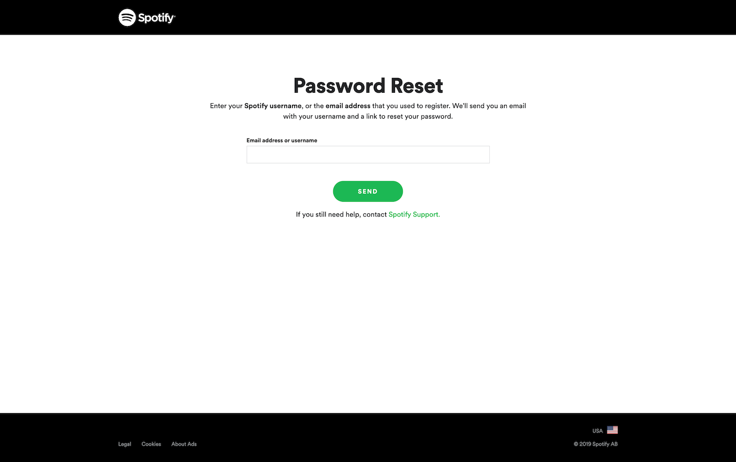 Screenshot of the Password Reset page from the Spotify website.