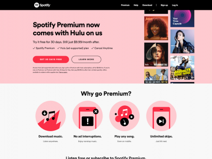 Screenshot of the Premium page from the Spotify website.