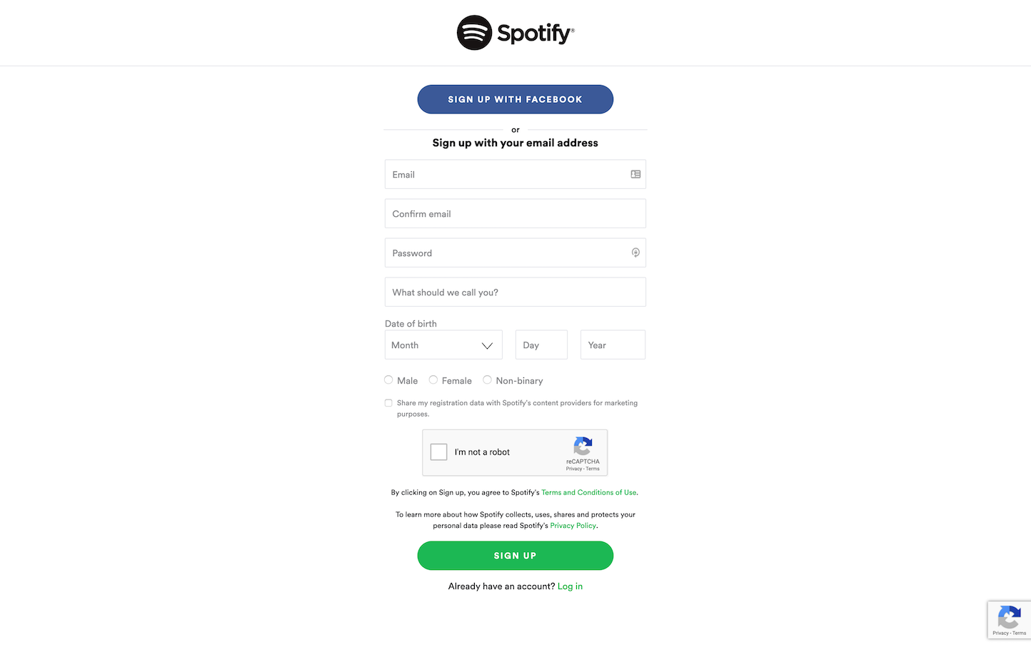 Screenshot of the Sign Up page from the Spotify website.