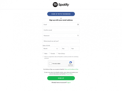 Screenshot of the Sign Up page from the Spotify website.