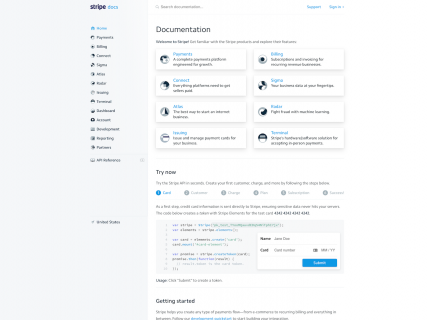 Screenshot of the Documentation page from the Stripe website.