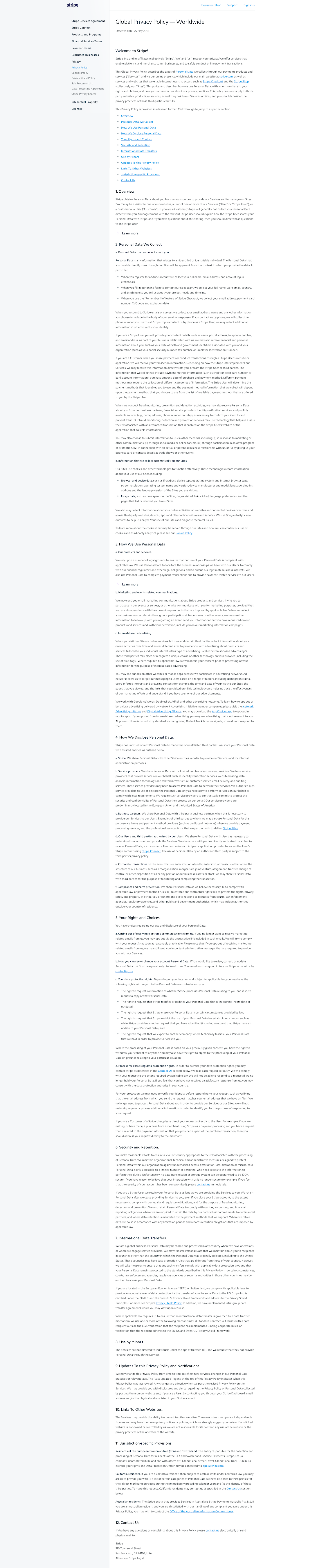 Screenshot of the Privacy Policy page from the Stripe website.