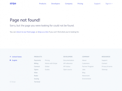 Screenshot of the 404 page from the Stripe website.