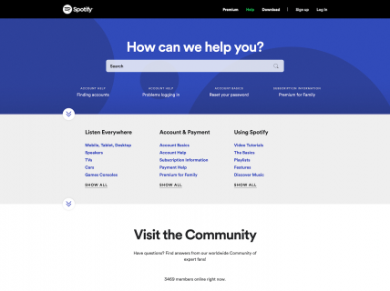 Screenshot of the Support page from the Spotify website.