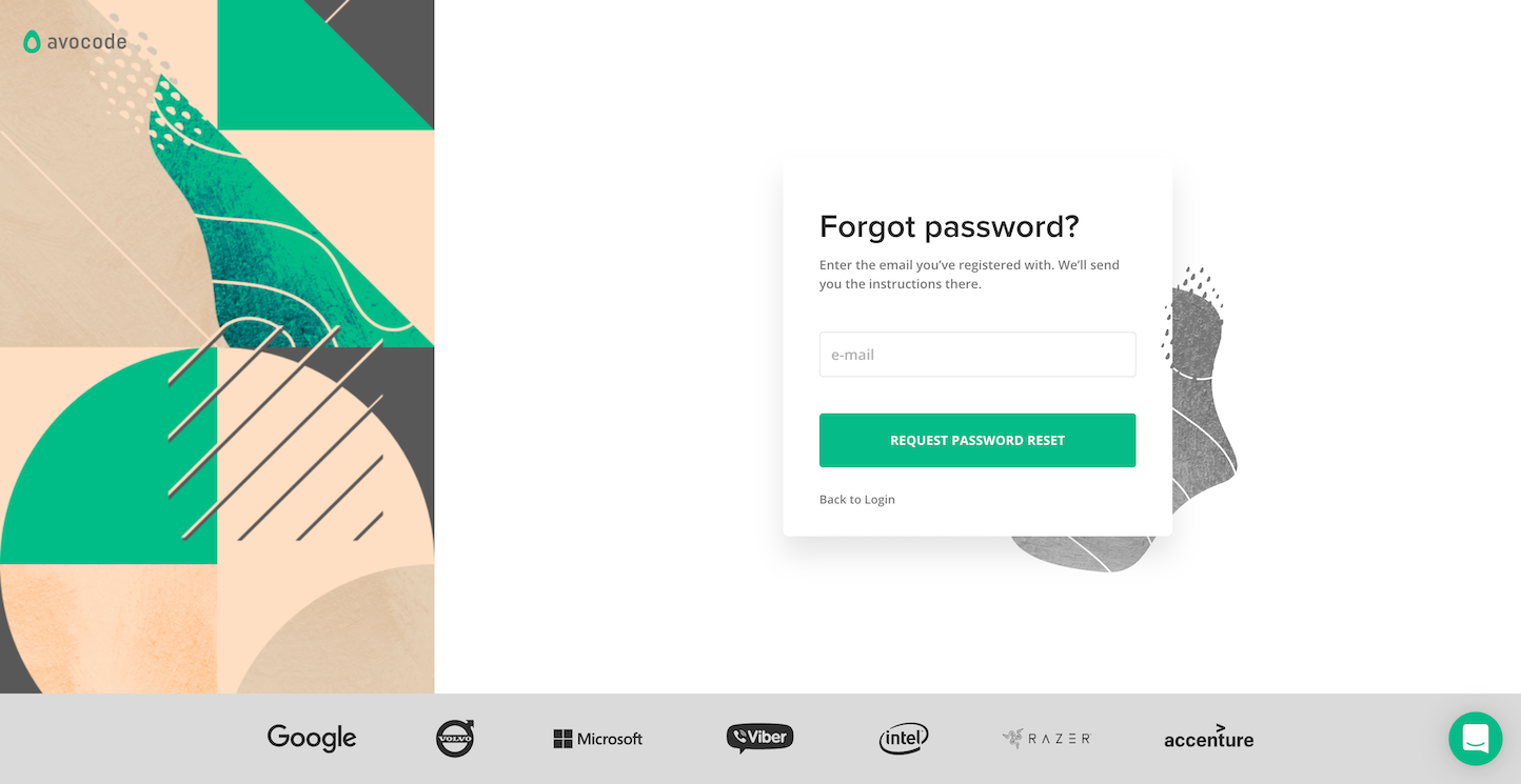 Screenshot of the Forgot Password page from the Avocode website.