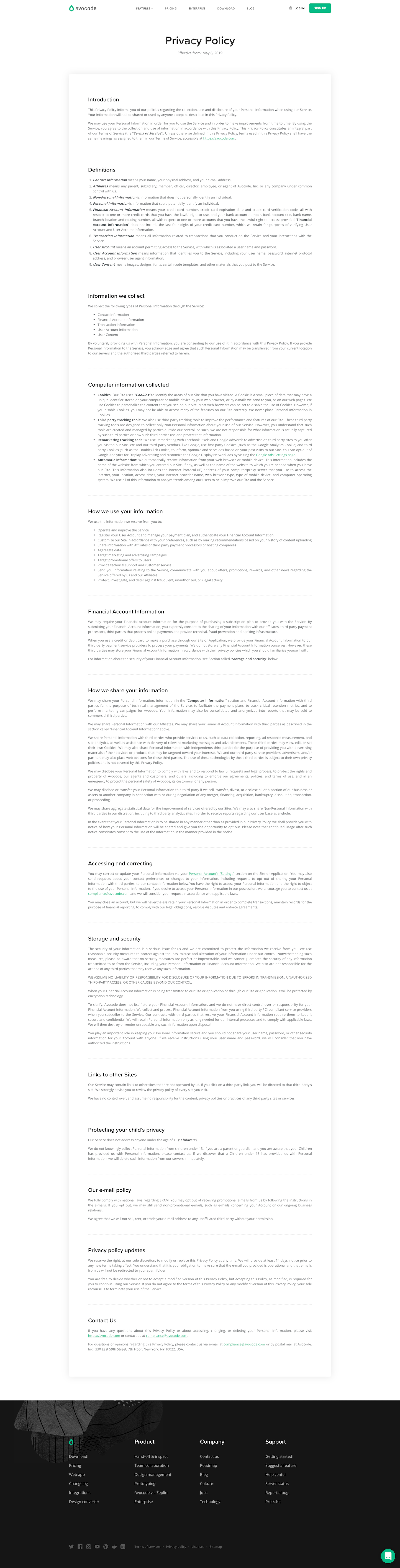 Screenshot of the Privacy Policy page from the Avocode website.