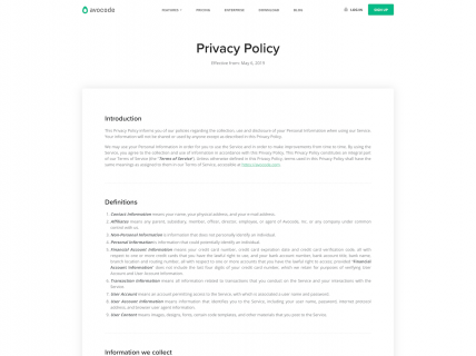 Screenshot of the Privacy Policy page from the Avocode website.