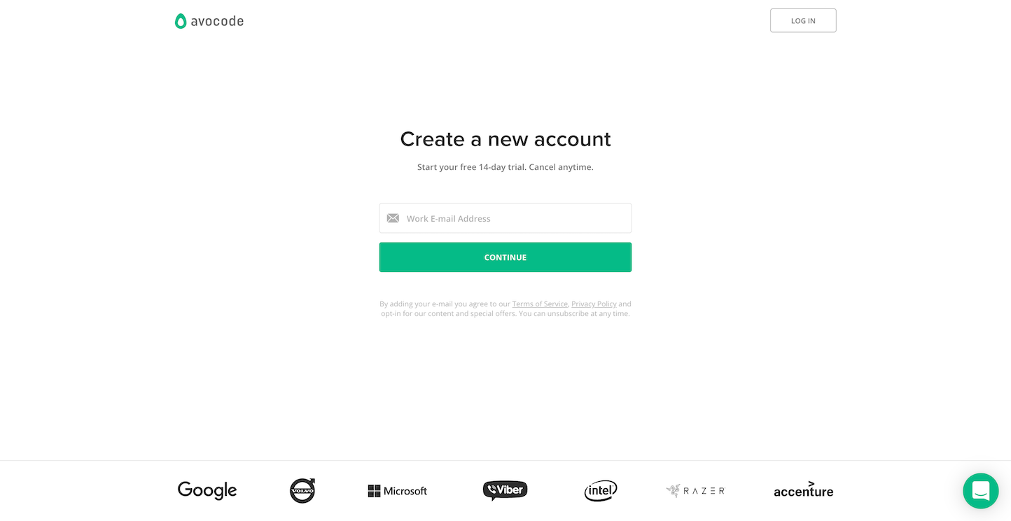 Screenshot of the Signup page from the Avocode website.