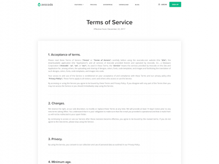 Screenshot of the Terms of Service page from the Avocode website.