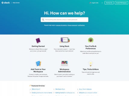 Screenshot of the Help page from the Slack website.