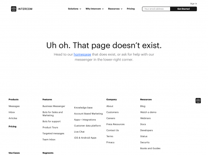 Screenshot of the 404 page from the Intercom website.