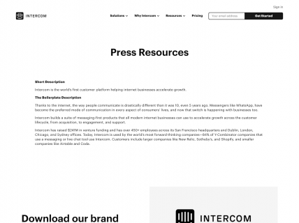Screenshot of the Press Resources page from the Intercom website.